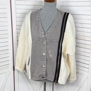 Porter Collective Denim Knit Bomber Sweater Jacket Taupe Cream Small